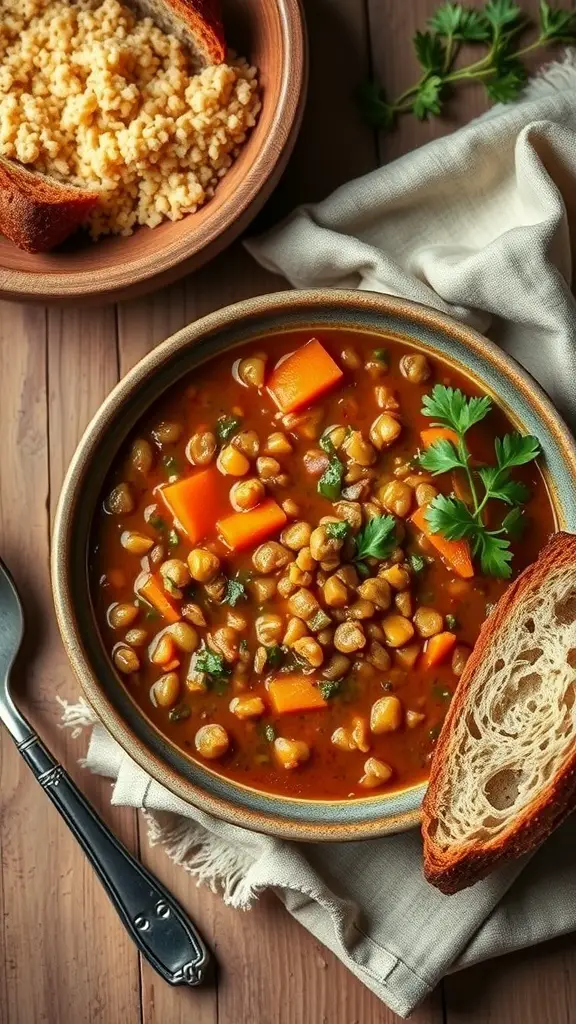 A bowl of savory lentil stew with carrots and herbs, served with a slice of bread and couscous on the side.