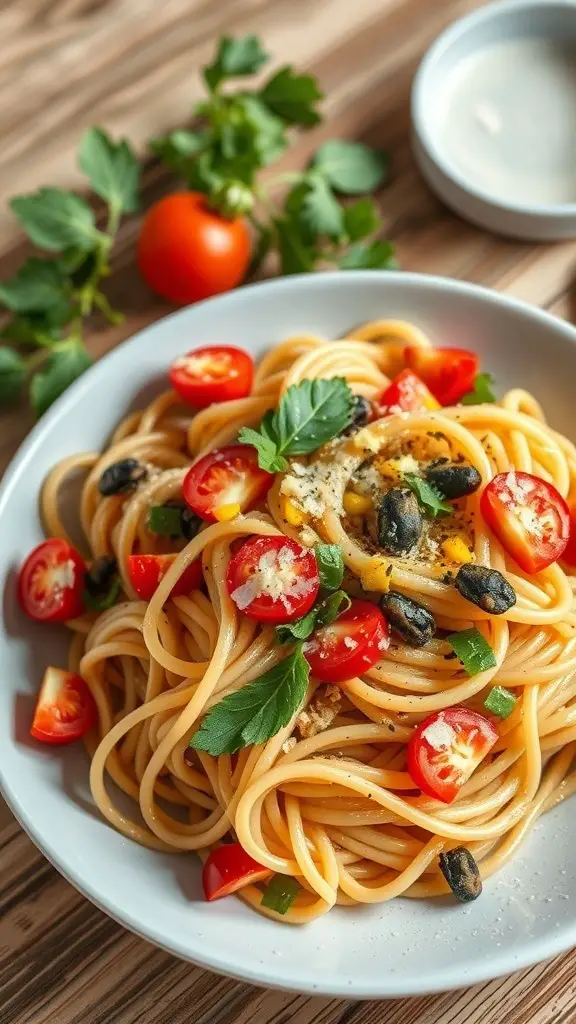 A plate of whole wheat pasta with cherry tomatoes, herbs, and cheese.