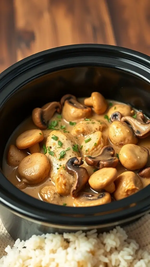 Creamy mushroom chicken in a crockpot with rice on the side
