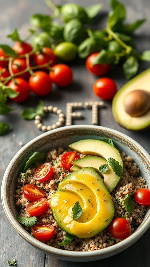 A bowl of quinoa salad topped with avocado slices and cherry tomatoes, surrounded by fresh ingredients.