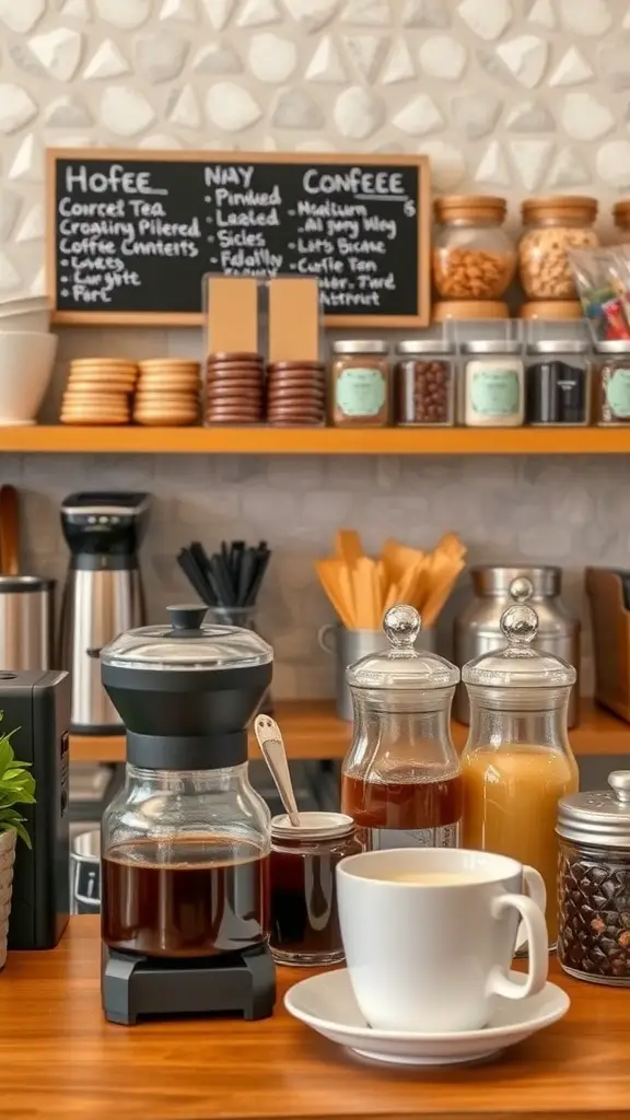 A coffee and tea station with a French press, jars of tea, and a chalkboard menu.