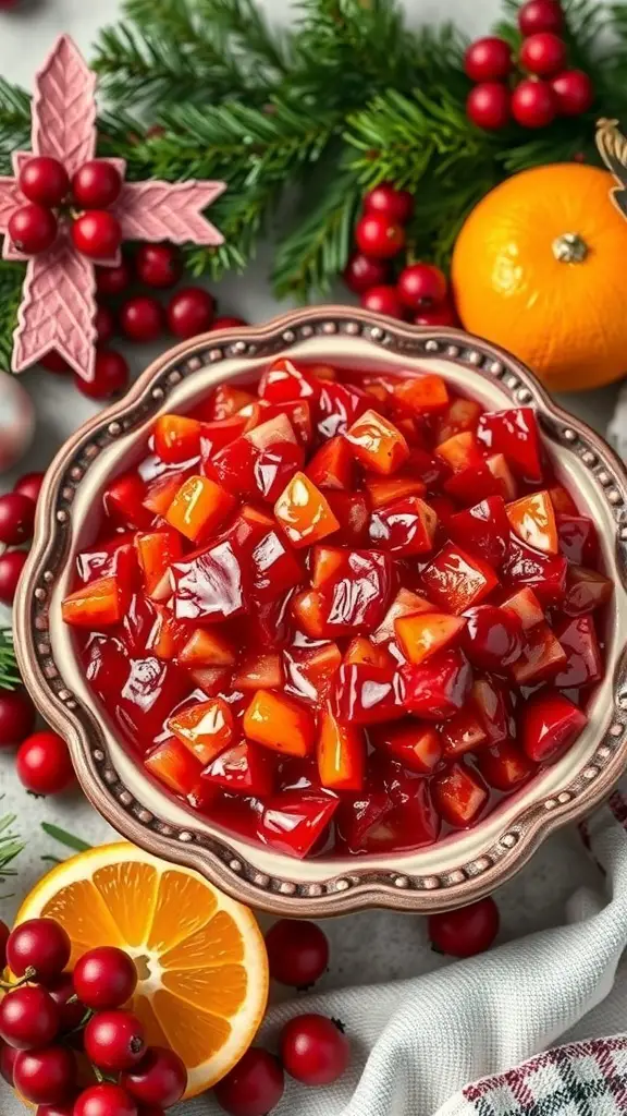 A bowl of cranberry orange relish surrounded by fresh cranberries and an orange, decorated for the holidays.