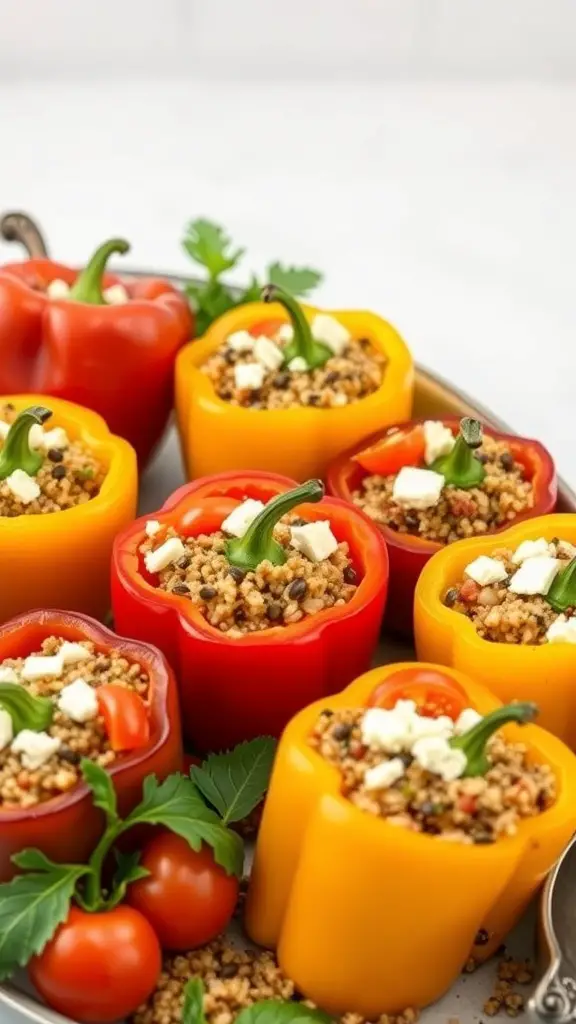 Colorful Mediterranean stuffed bell peppers filled with grains, vegetables, and cheese.