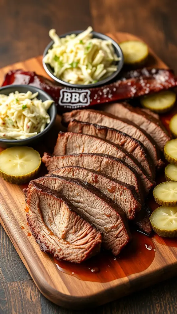 Sliced BBQ beef brisket with pickles and coleslaw on a wooden board.