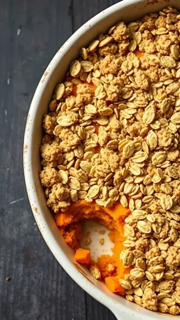 A delicious sweet potato crumble with a crunchy oat topping, showing a portion taken out.