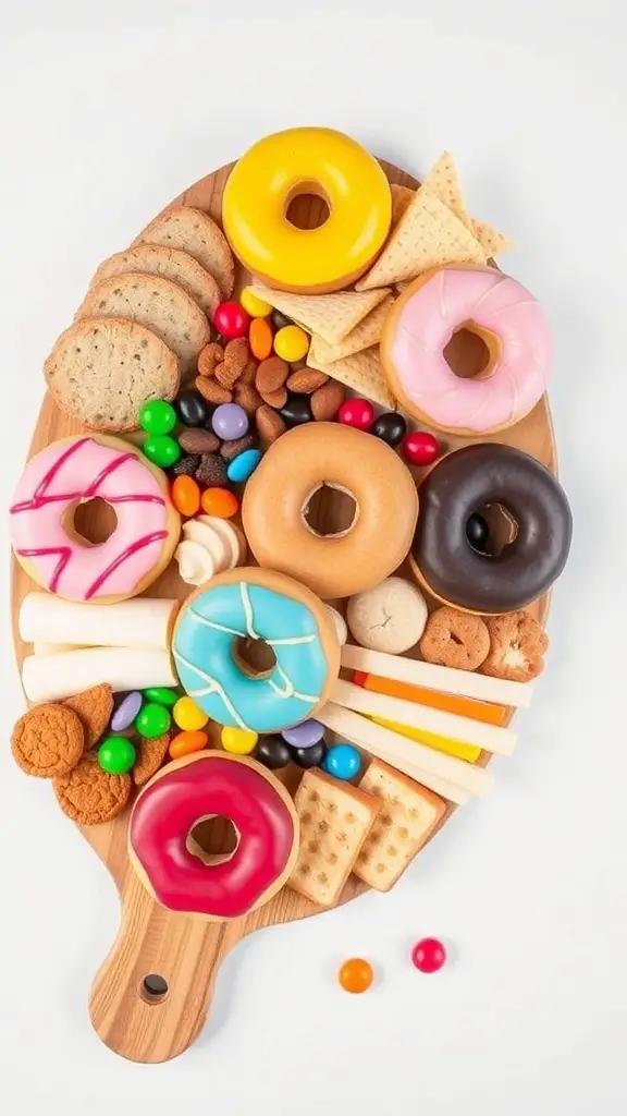 A colorful kid-friendly donut charcuterie board featuring various donuts, cookies, and candies.