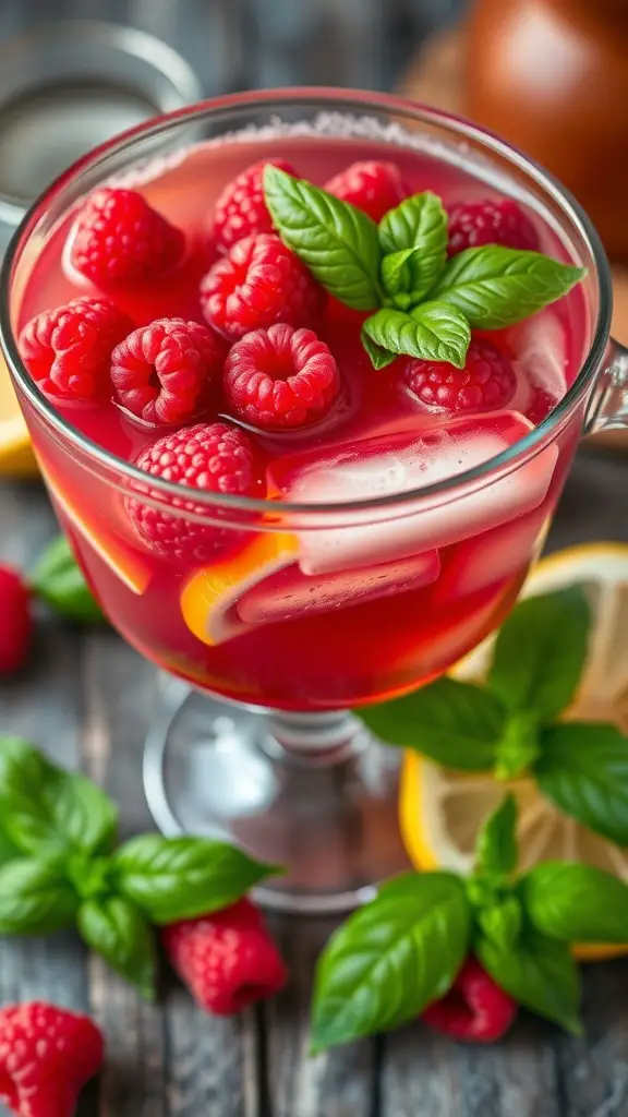 A refreshing Raspberry Lemon Basil Punch with raspberries and basil leaves