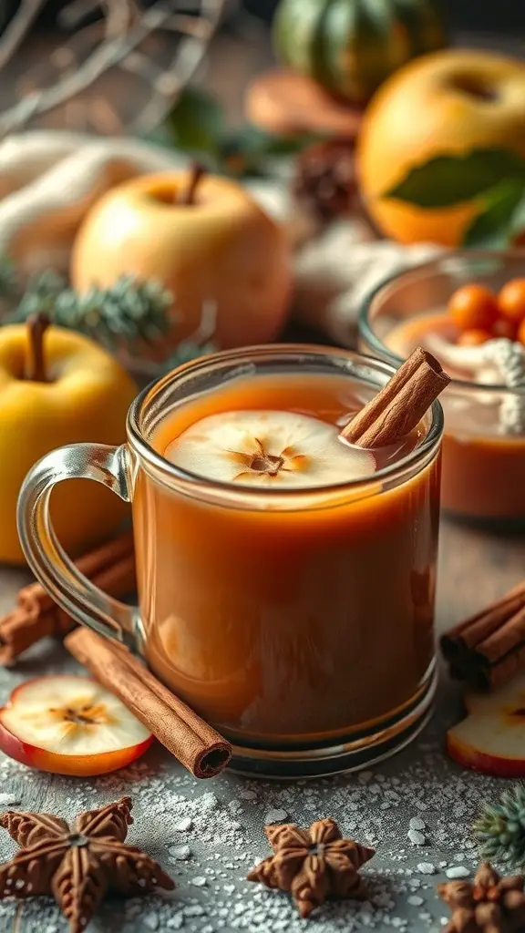A cozy mug of spiced apple cider with cinnamon sticks and fresh apples