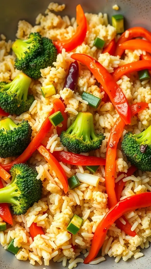 A colorful bowl of cauliflower rice stir-fry with broccoli, red bell peppers, and green onions.