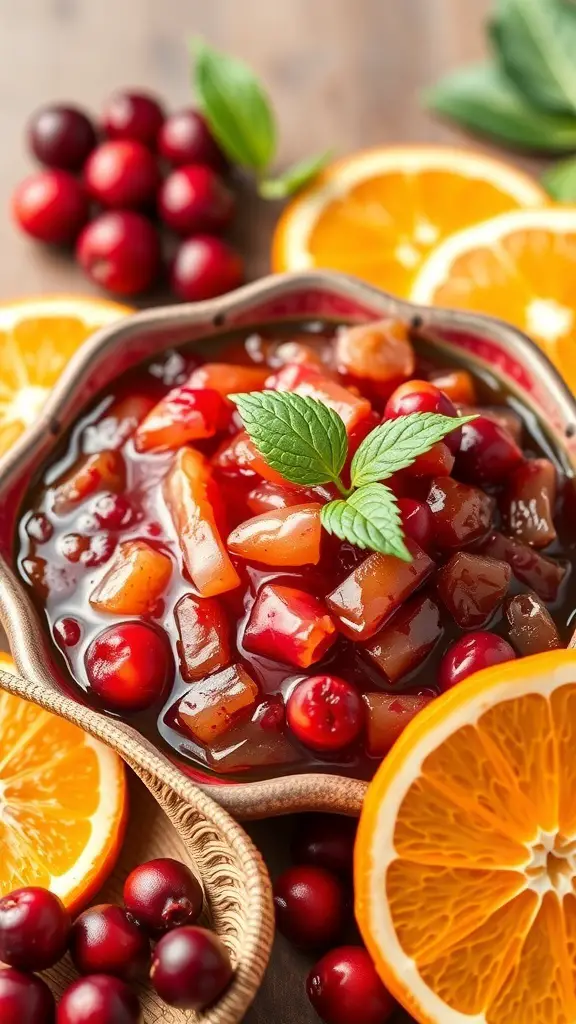 A bowl of cranberry orange relish surrounded by fresh cranberries and orange slices.