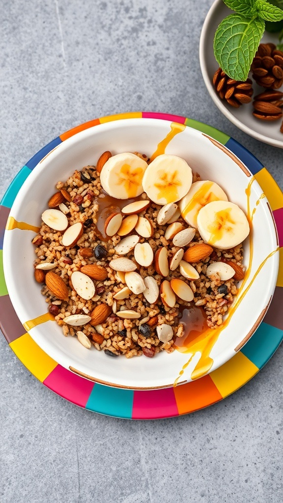 A colorful quinoa breakfast bowl topped with sliced bananas and almonds.