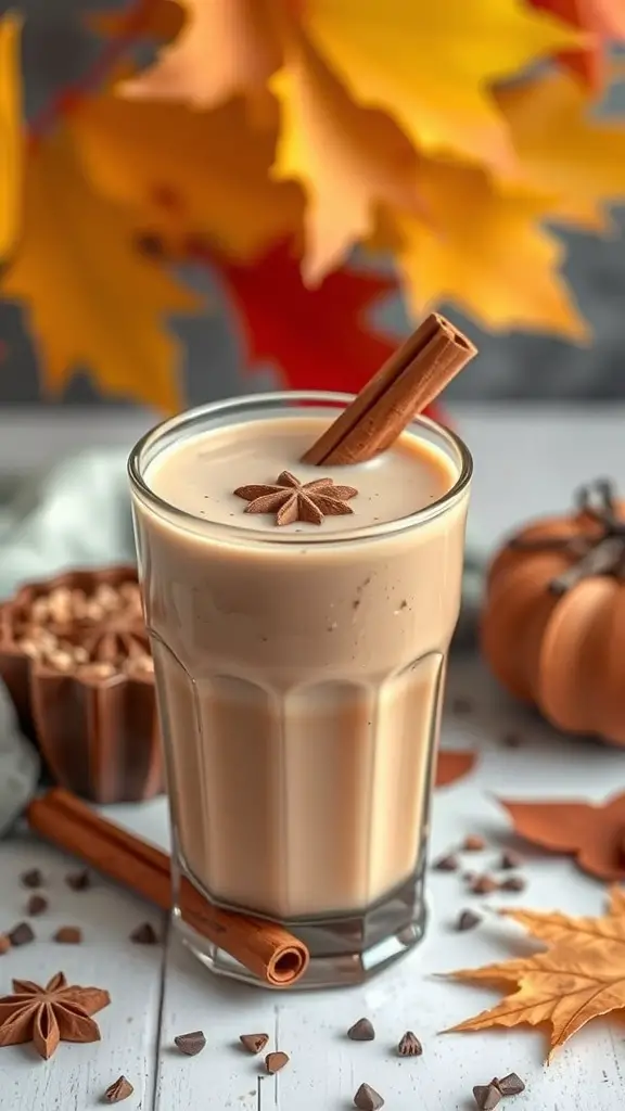 A delicious Spiced Chai Keto Smoothie in a glass, garnished with a cinnamon stick and star anise, surrounded by autumn leaves and spices.