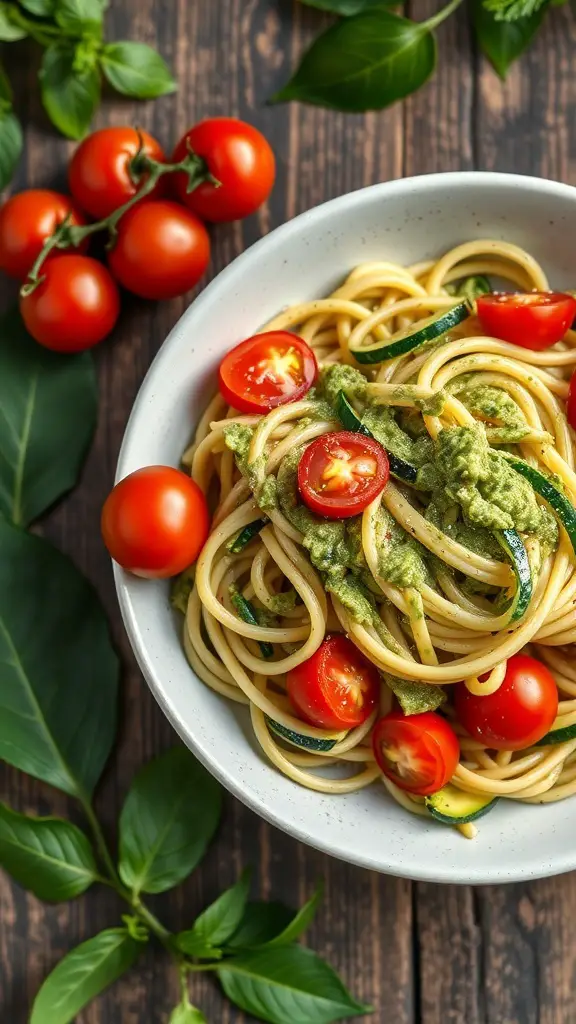 A bowl of zucchini noodles topped with avocado pesto and cherry tomatoes, surrounded by fresh basil and tomatoes on a wooden table.