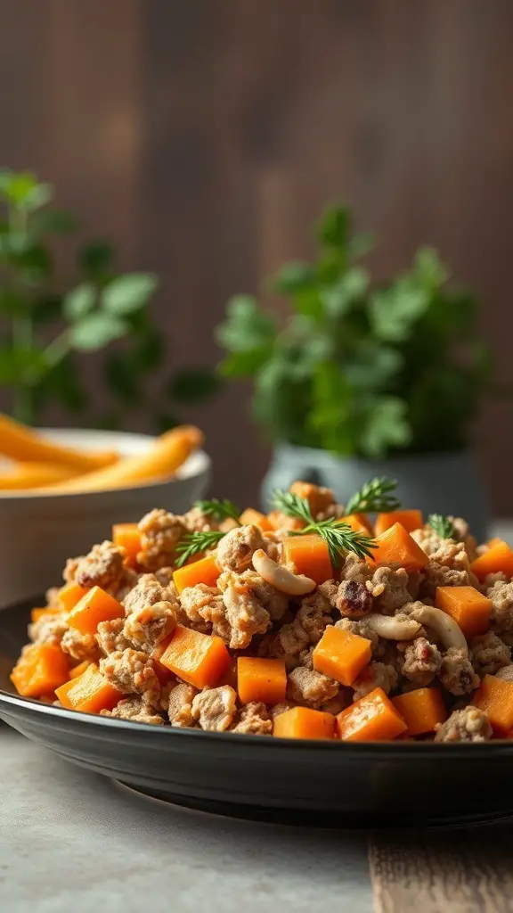 A plate of turkey and sweet potato casserole with green herbs in the background.