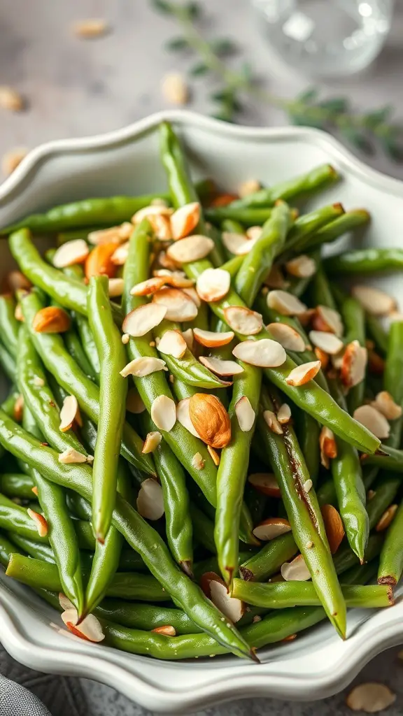 A bowl of green bean almondine topped with sliced almonds.