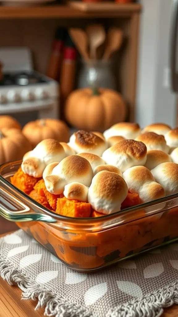 A delicious sweet potato casserole topped with golden-brown marshmallows, ready for a Friendsgiving dinner.
