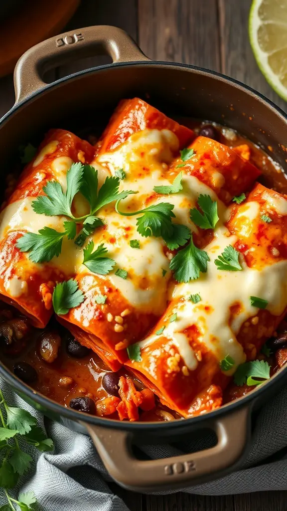 A pot of sweet potato and black bean enchiladas topped with cheese and cilantro.