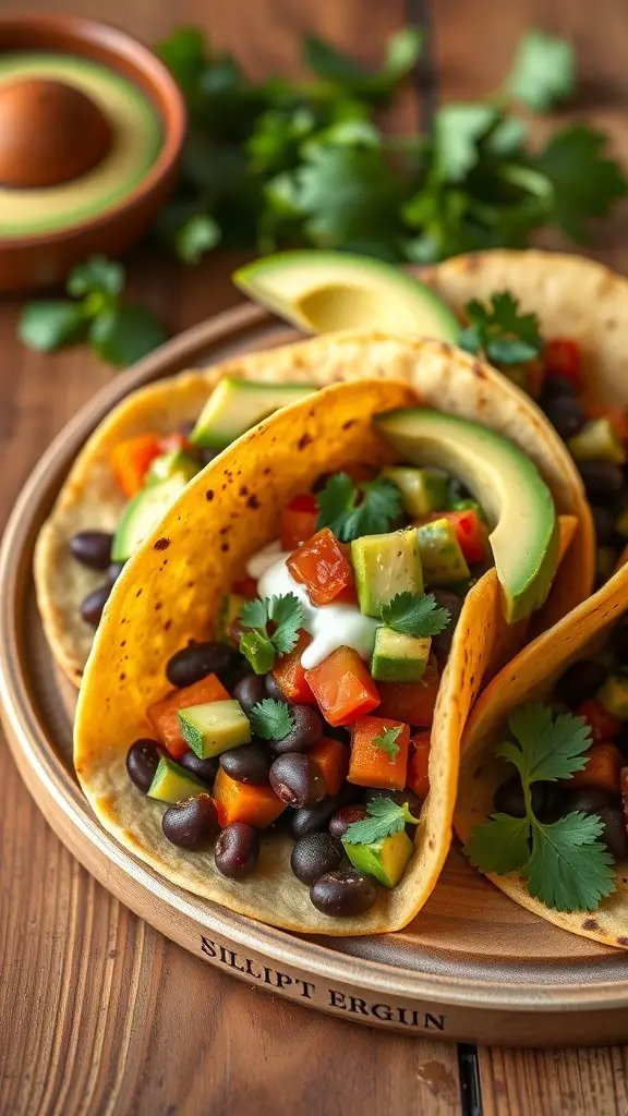 Sweet potato and black bean tacos with fresh vegetables and avocado slices on a wooden plate.