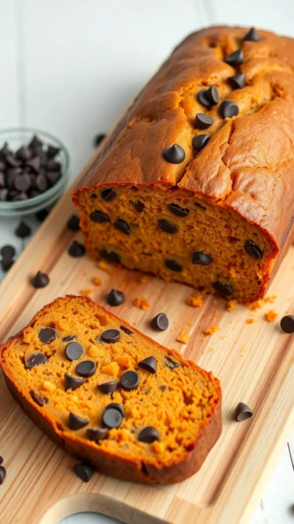A loaf of sweet potato bread with chocolate chips, sliced on a wooden board, with chocolate chips scattered around.