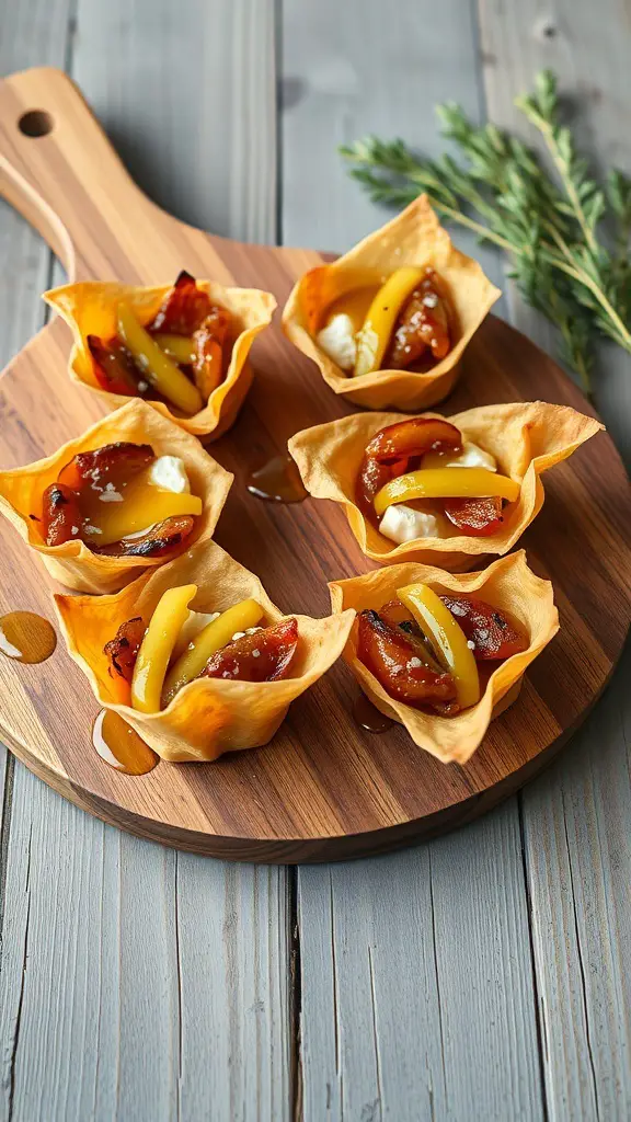 Caramelized onion and brie phyllo cups on a wooden platter