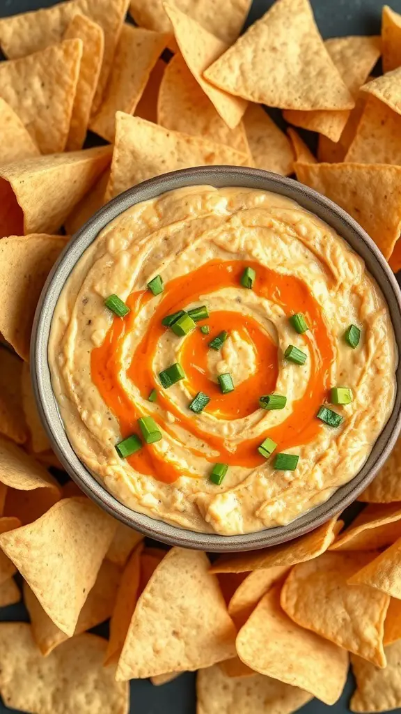 A bowl of Buffalo Chicken Dip topped with hot sauce and green onions, surrounded by tortilla chips.