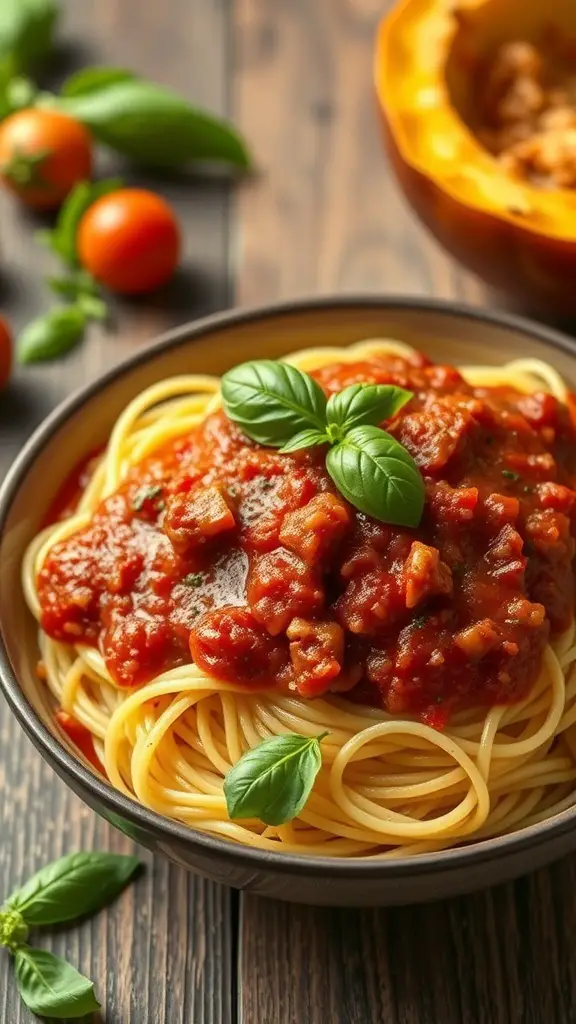 A bowl of spaghetti squash topped with marinara sauce and ground turkey, garnished with fresh basil.
