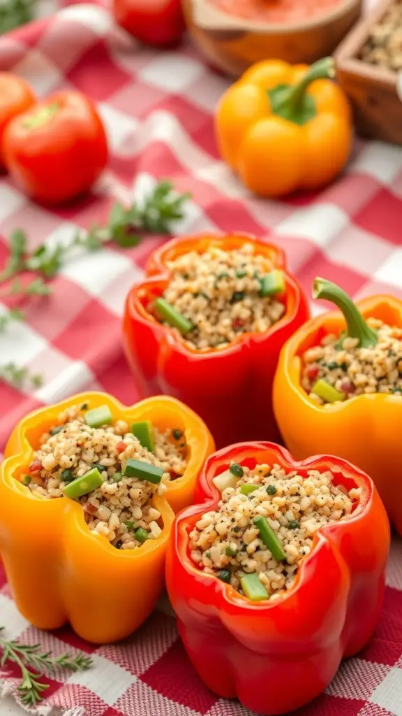 Stuffed bell peppers filled with quinoa and vegetables on a checkered tablecloth.