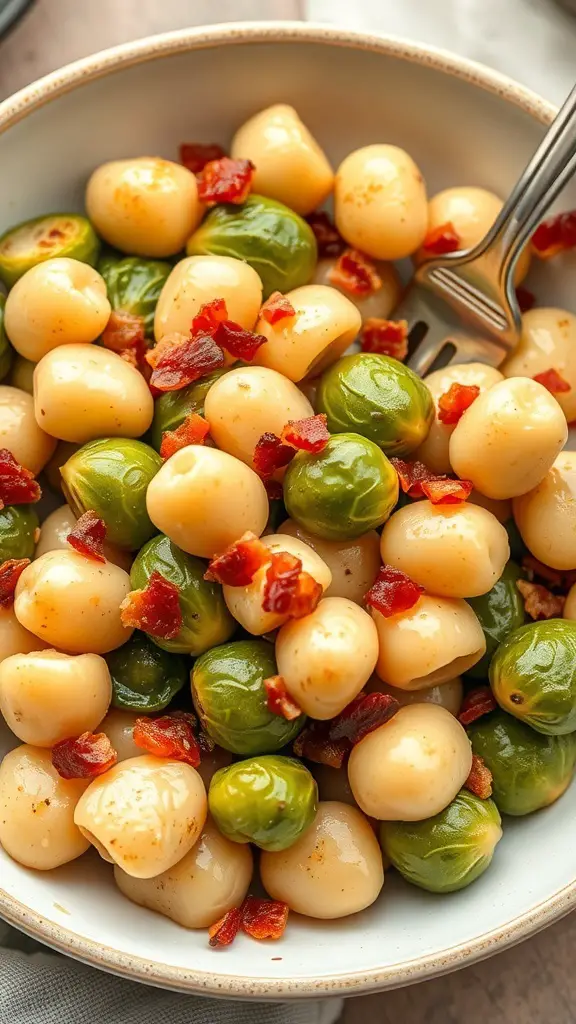 A bowl of gnocchi with Brussels sprouts and bacon, showcasing a mix of green and beige colors.