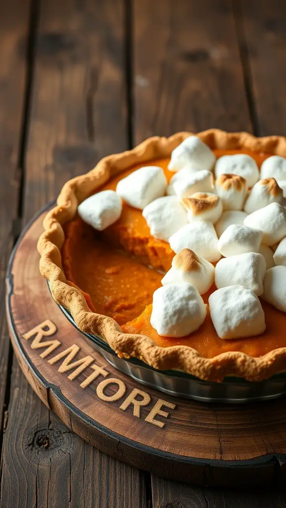 A delicious sweet potato pie topped with toasted marshmallows on a wooden serving board.