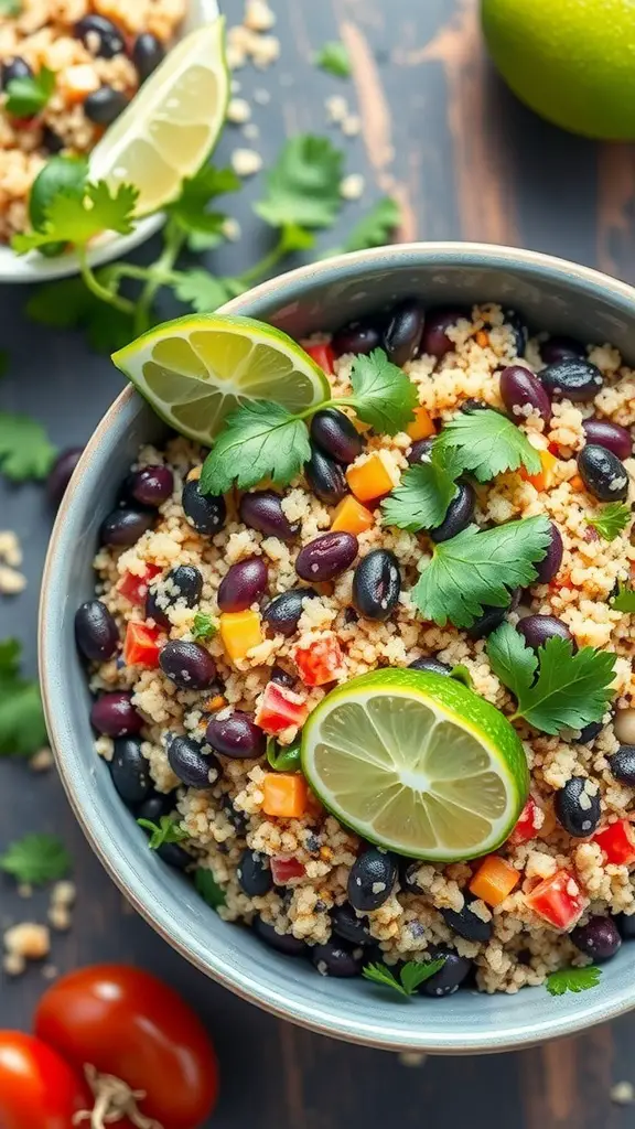 A bowl of quinoa and black bean salad garnished with lime and cilantro.
