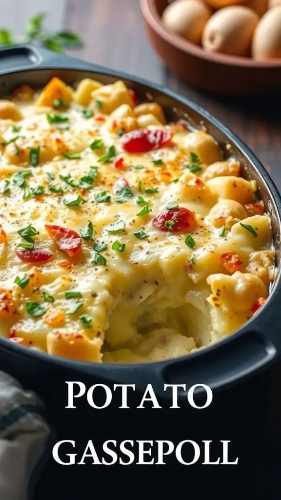 Creamy canned potato gratin topped with herbs and cheese