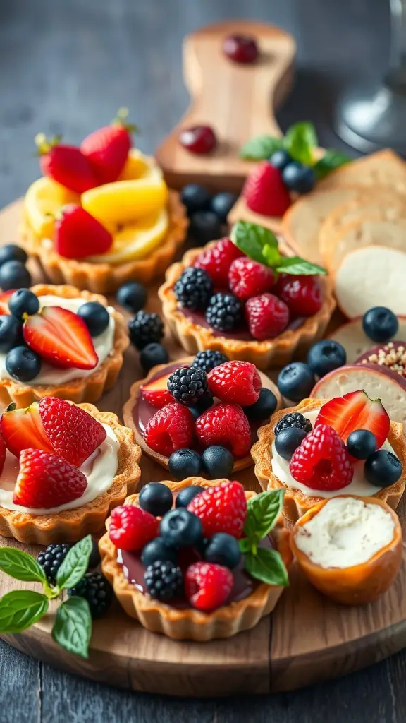 A variety of fruit tarts topped with seasonal berries on a wooden board