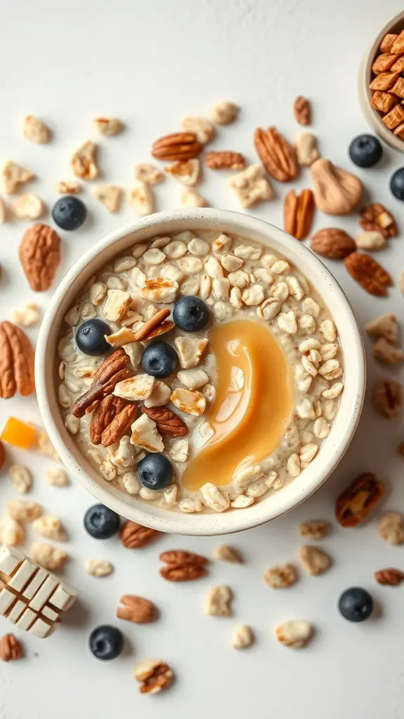 A bowl of oatmeal topped with blueberries, nuts, and a drizzle of caramel, surrounded by various toppings.