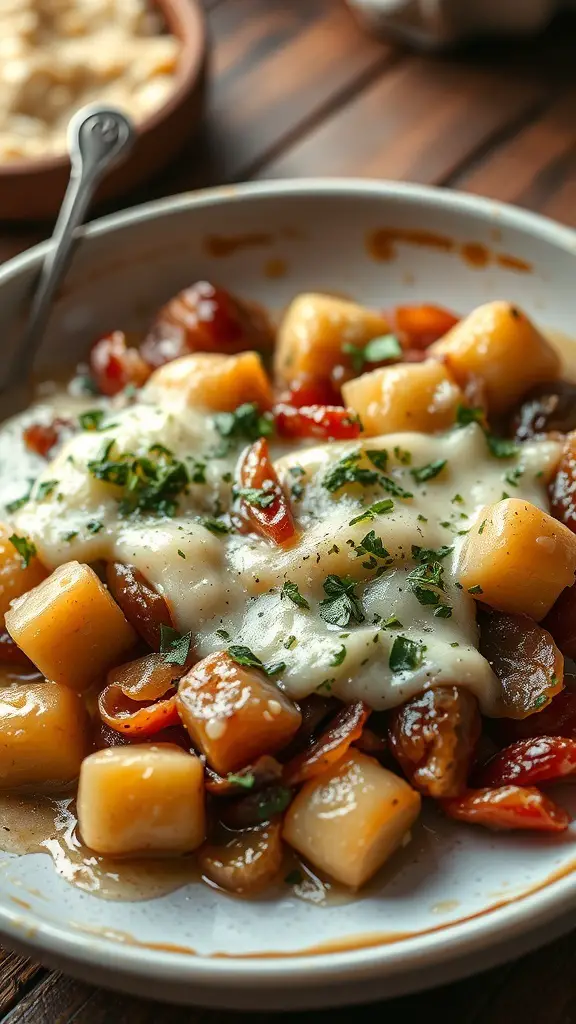 A plate of caramelized onion and Gruyère gnocchi topped with melted cheese and fresh herbs.