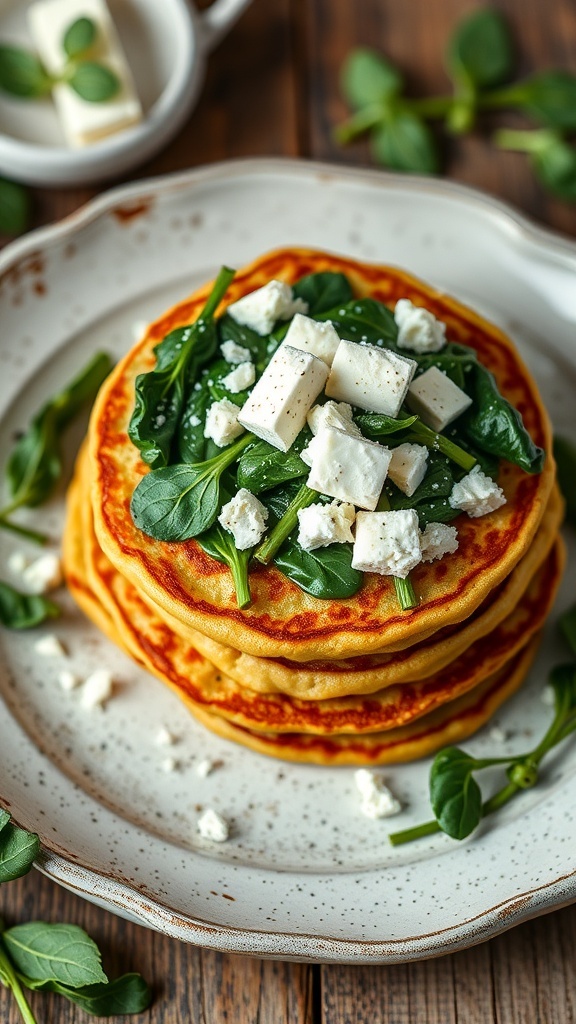 A plate of chickpea flour pancakes topped with spinach and feta cheese.