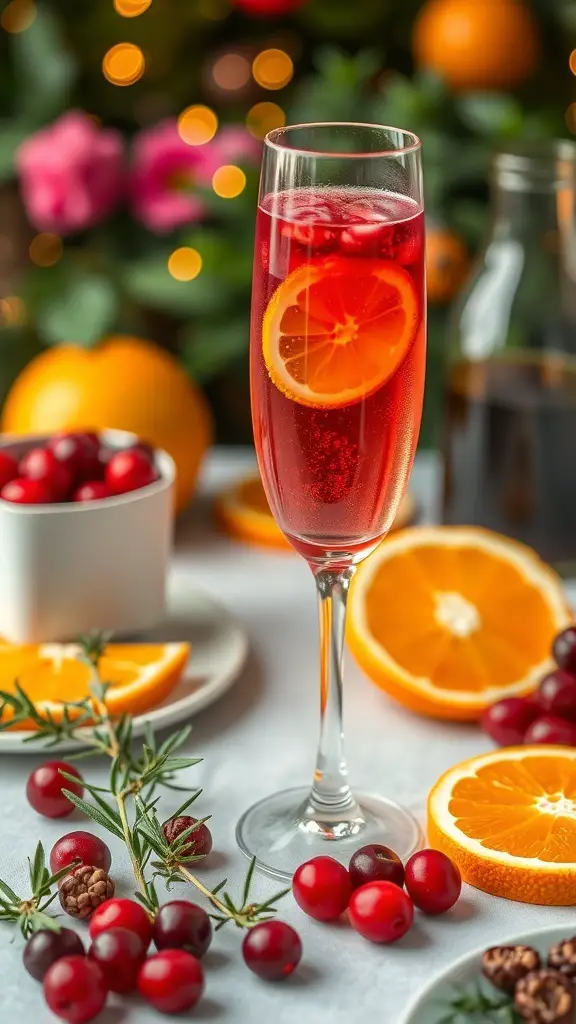 A glass of Cranberry Orange Mimosa garnished with an orange slice and cranberries, surrounded by fresh oranges and cranberries on a festive table.