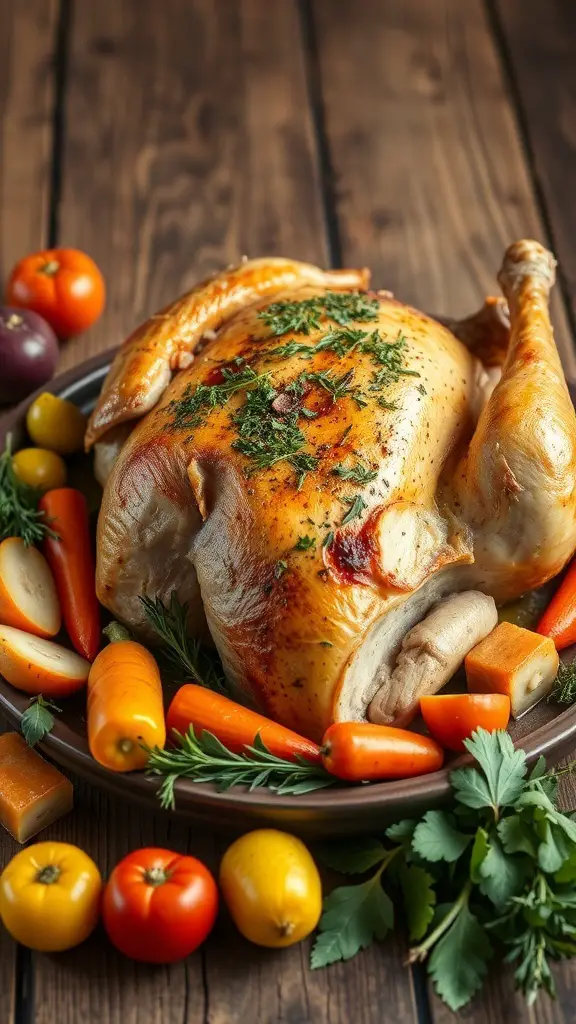 A beautifully roasted turkey breast garnished with herbs, surrounded by colorful vegetables on a wooden table.