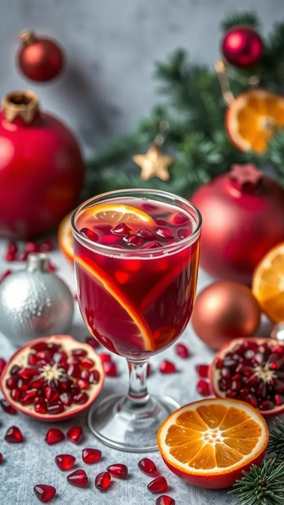 A vibrant non-alcoholic pomegranate citrus punch garnished with orange slices and pomegranate seeds, surrounded by festive decorations.