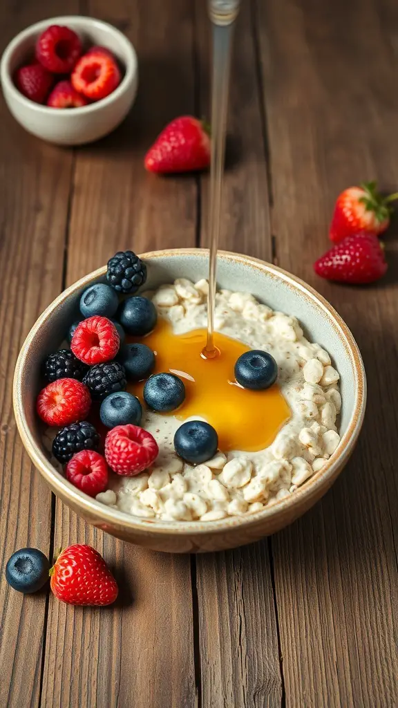 A bowl of oatmeal topped with fresh berries and honey on a wooden table.