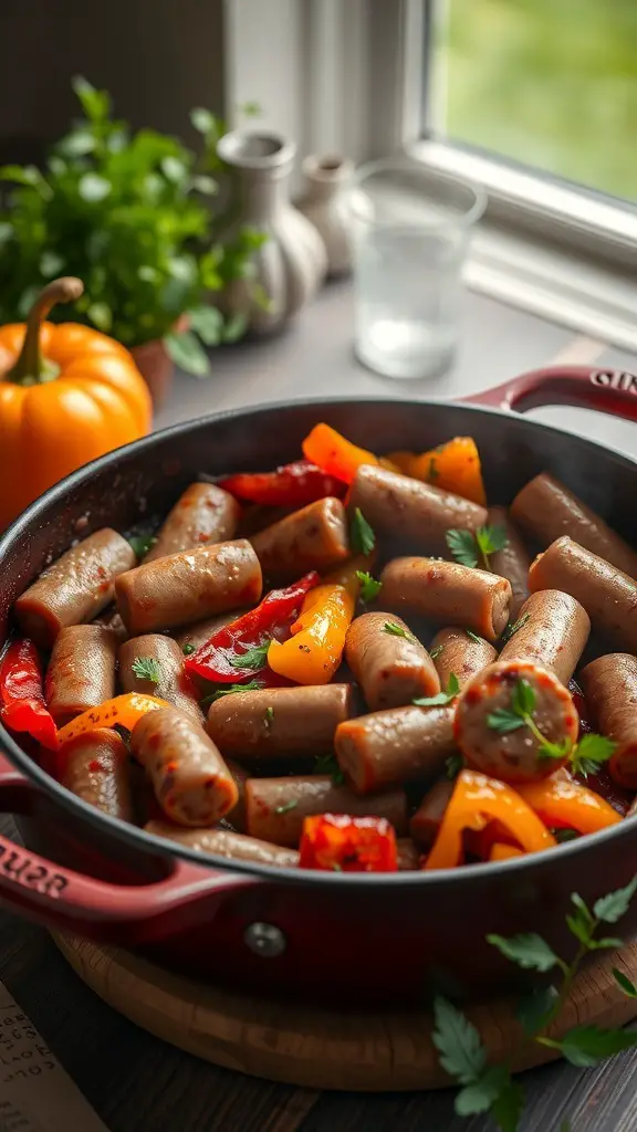 A Dutch oven filled with spicy sausage and colorful bell peppers, garnished with fresh herbs.