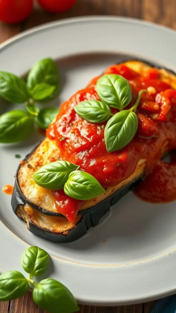 A serving of Eggplant Parmesan topped with marinara sauce and fresh basil on a plate.