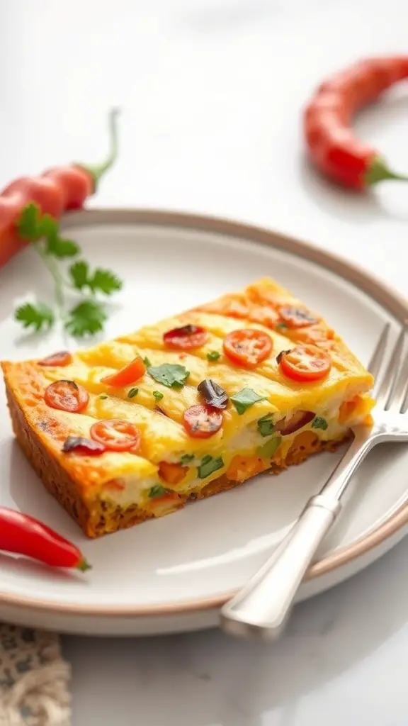 A slice of Hatch Chili Frittata garnished with cherry tomatoes and herbs on a plate.