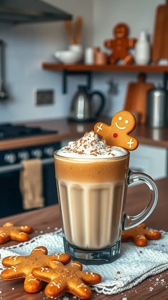 A Gingerbread Latte in a clear glass topped with whipped cream and a gingerbread cookie, surrounded by gingerbread cookies.