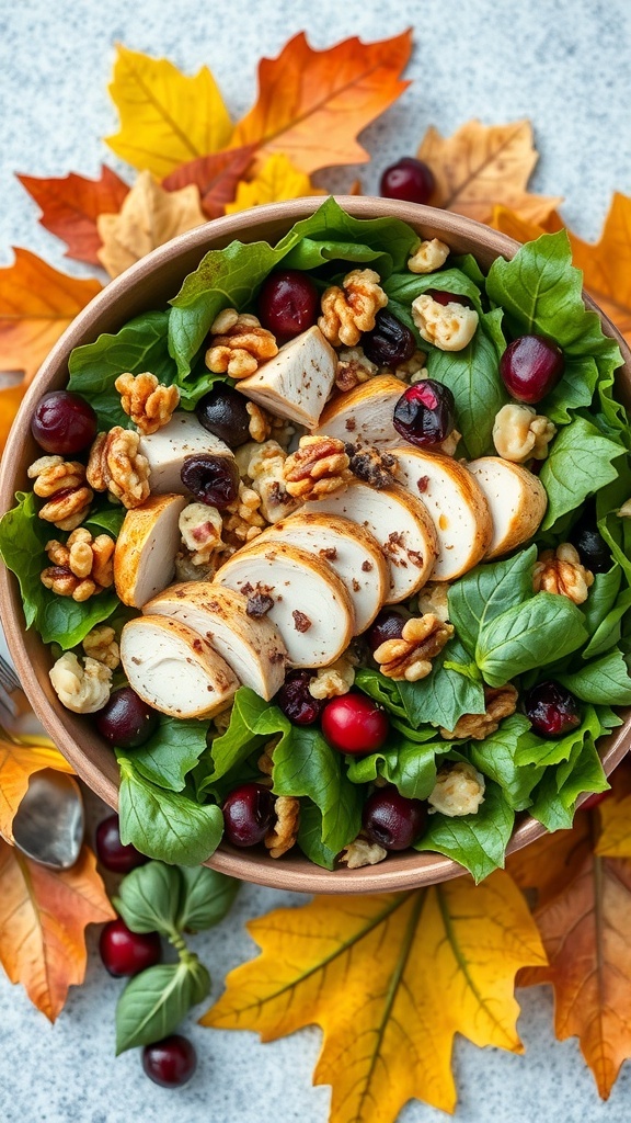 A bowl of cranberry and walnut chicken salad surrounded by autumn leaves.