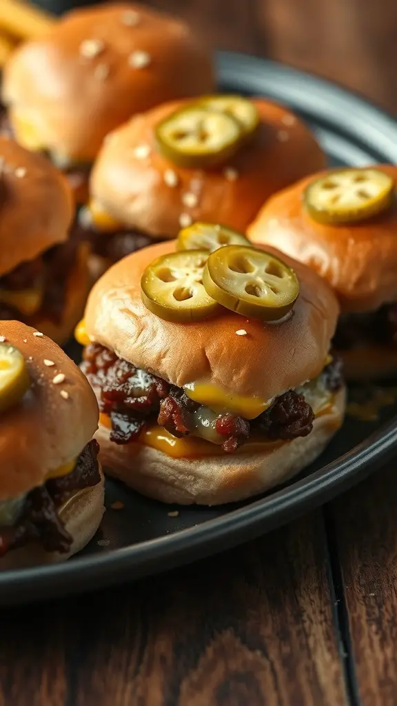A plate of classic beef sliders with cheddar cheese and jalapeño slices on top.