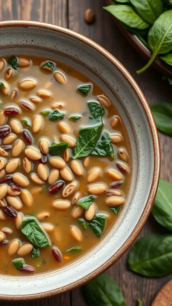 A bowl of lentil and spinach soup with a rich broth and fresh spinach leaves.