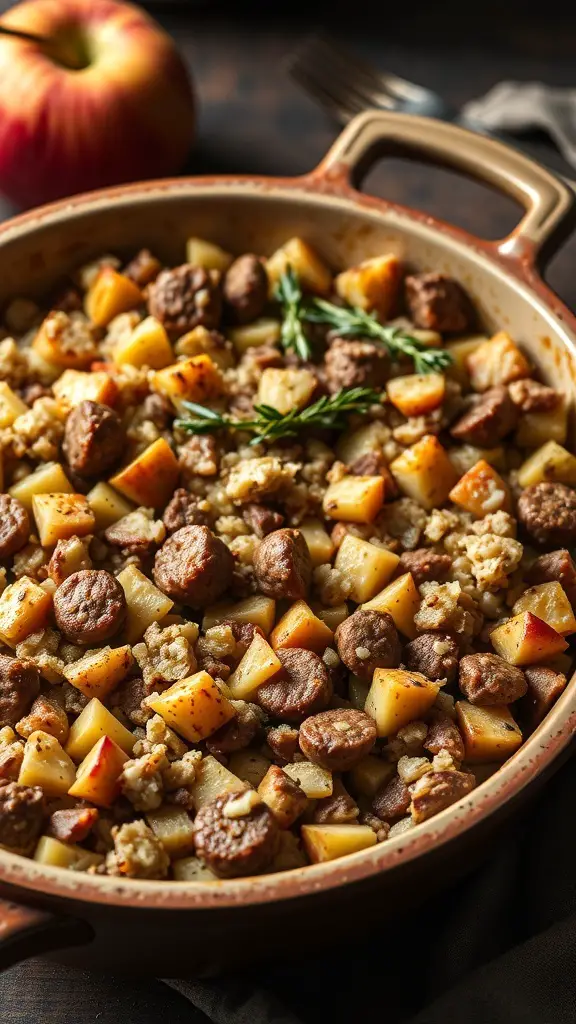 A delicious stuffing with sausage and apples in a baking dish, garnished with herbs.