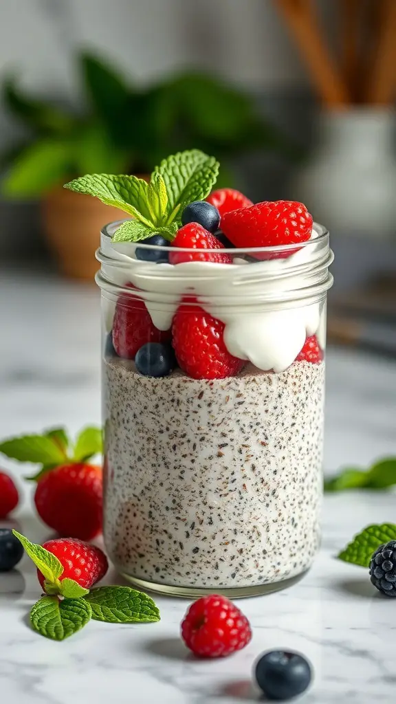 A jar of chia seed pudding topped with fresh berries and mint leaves.