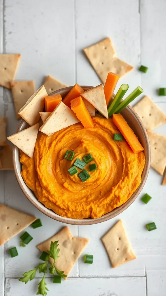 A bowl of sweet potato hummus surrounded by pita chips and fresh vegetables.