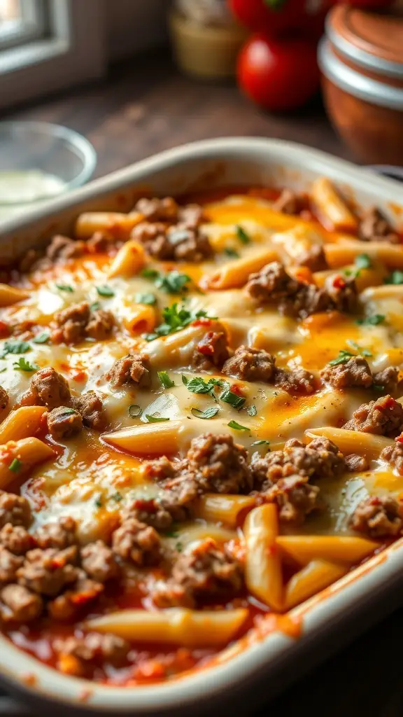 A delicious Ground Beef Pasta Bake with cheese, featuring pasta, ground beef, and a golden, bubbly top.
